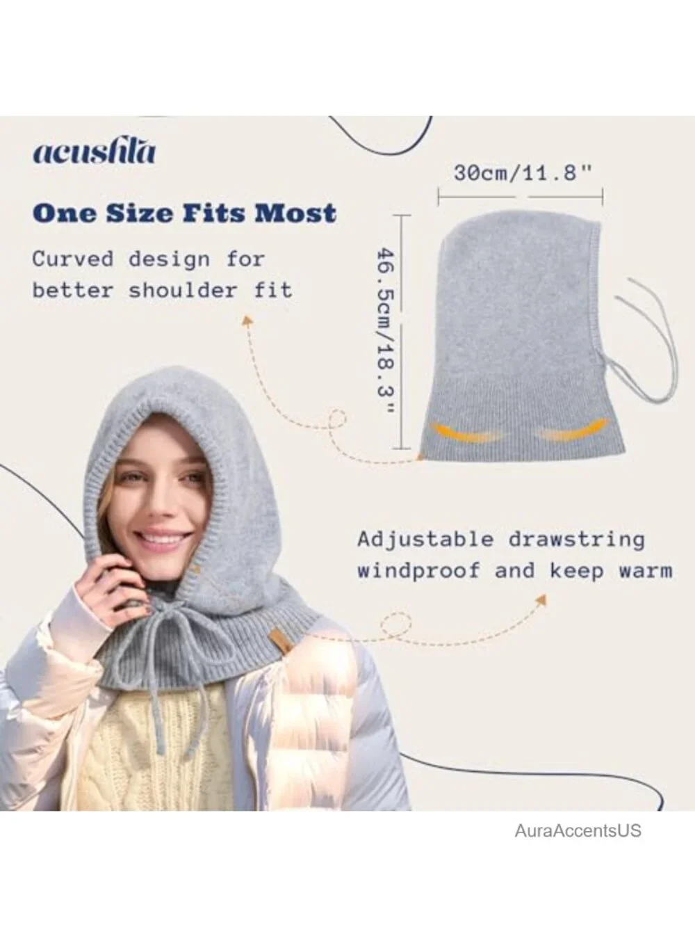 100% Merino Wool Balaclava Winter Knit Hooded Scarf Men Women